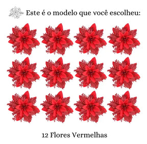 Kit 12 Flores Enfeite Natal P/ Árvore Decoração Artificial