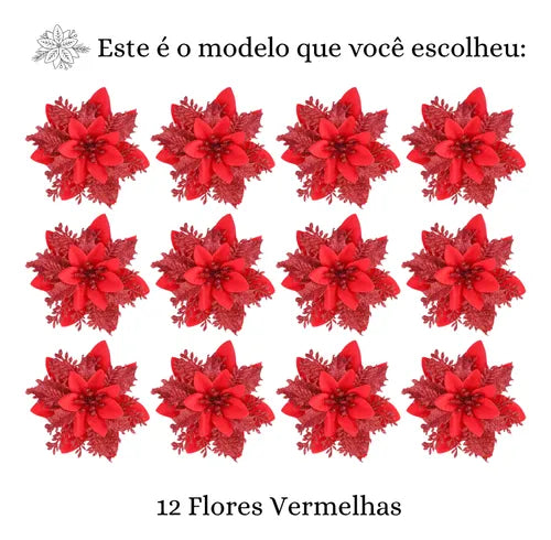 Kit 12 Flores Enfeite Natal P/ Árvore Decoração Artificial