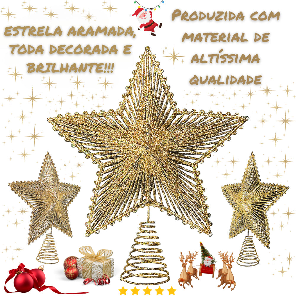 Estrela 24cm Brilhante Aramada Com Glitter Para Árvore De Natal Metalizado